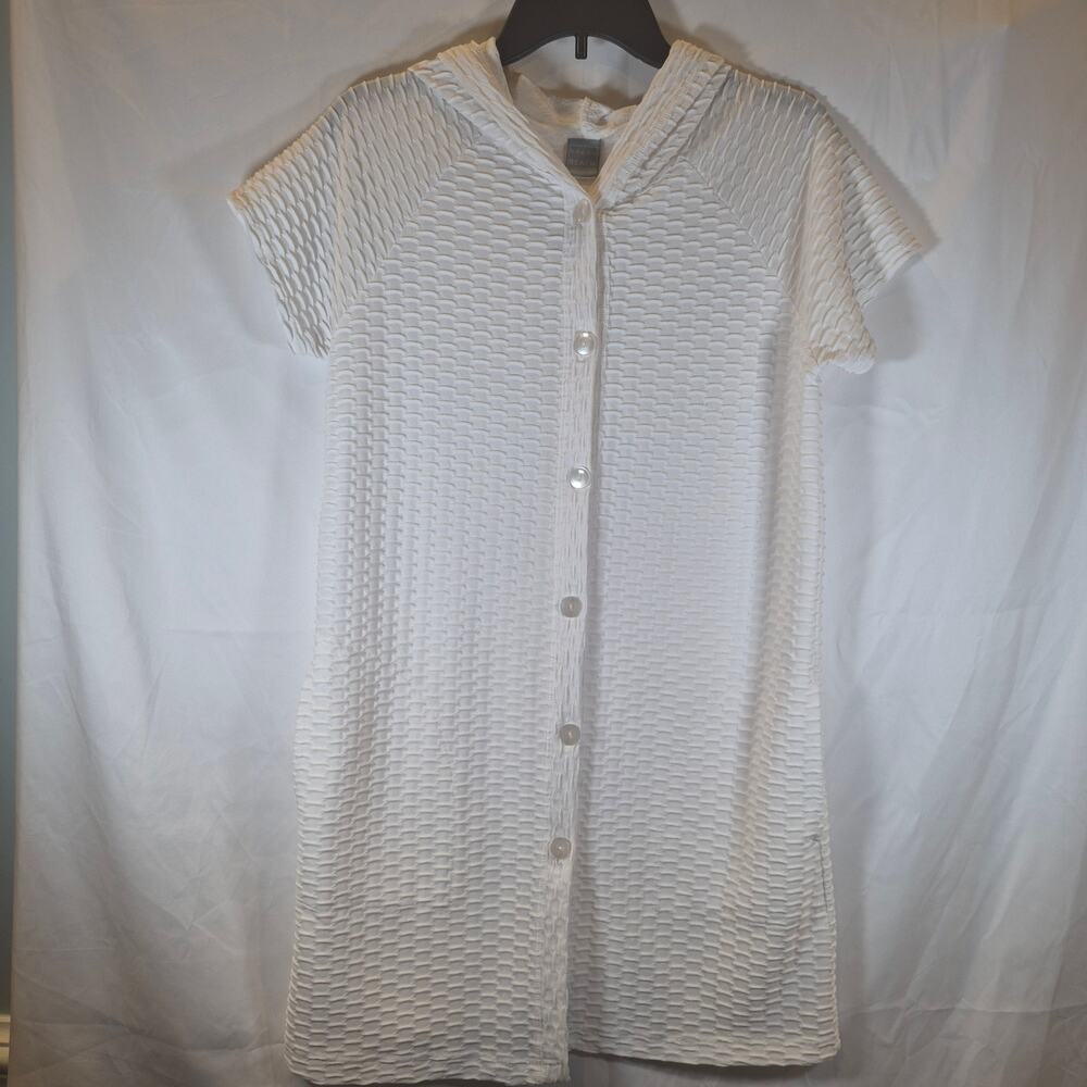 Dream Beach White Hooded Cover Up Dress Button Front Textured Size M USA